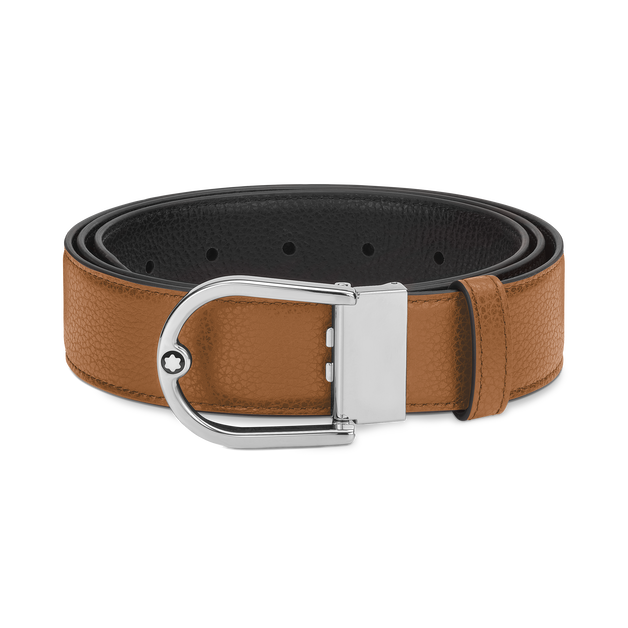 Horseshoe buckle grainy caramel/black 35mm reversible leather belt - 1