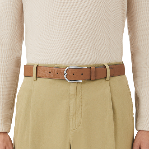 Horseshoe buckle grainy caramel/black 35mm reversible leather belt - 3