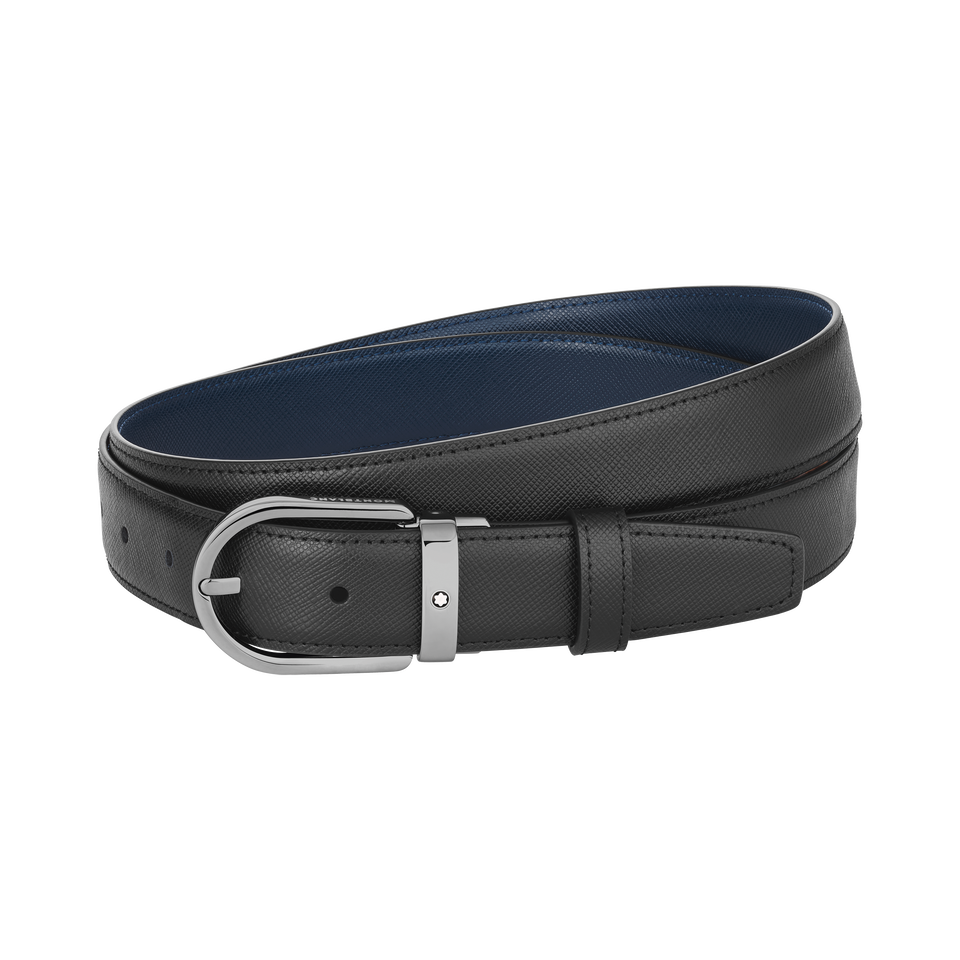 Horseshoe buckle black/blue 30 mm reversible leather belt - 1